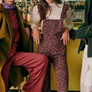 Sezane Juliette Black Pink White Olive Green Floral Ruffle Jumpsuit Overalls